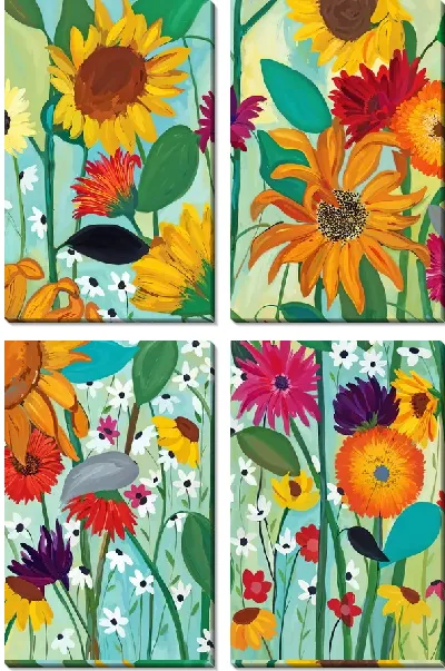 Модульная картина Множество цветов и подсолнухи