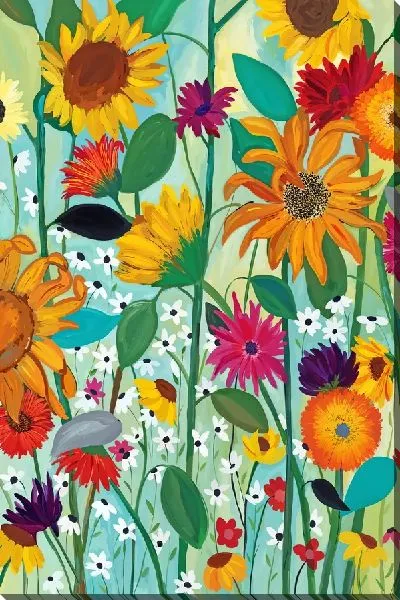 Картина маслом Множество цветов и подсолнухи