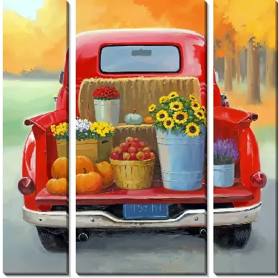 Модульная картина Урожай в багажнике красного автомобиля