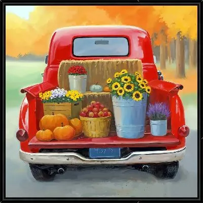 Картина Урожай в багажнике красного автомобиля