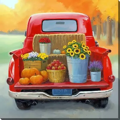 Постер Урожай в багажнике красного автомобиля