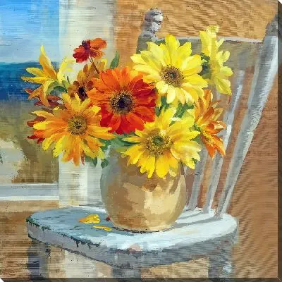 Букет подсолнухов на стуле