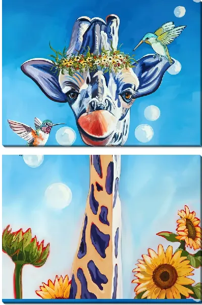 Модульная картина Жираф, колибри и подсолнухи