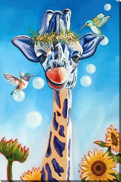 Постер Жираф, колибри и подсолнухи