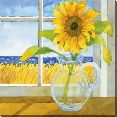 Картина маслом Подсолнух у окна в прозрачном кувшине