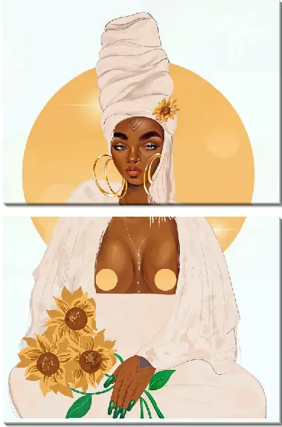 Модульная картина Ню африканка и подсолнухи