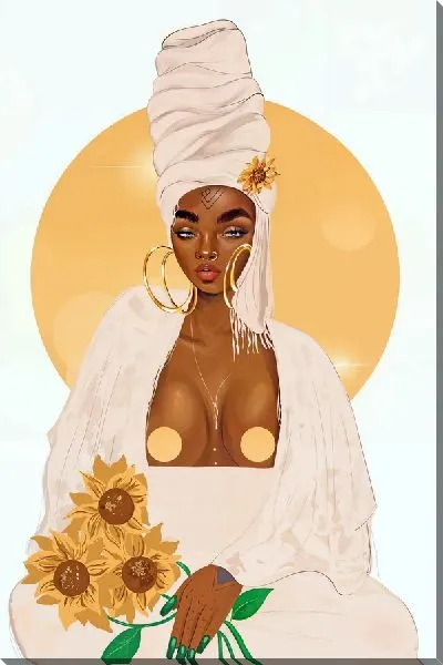 Картина маслом Ню африканка и подсолнухи