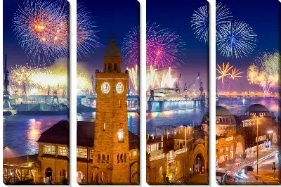 Модульная картина Фейерверк в ночном небе Гамбурга