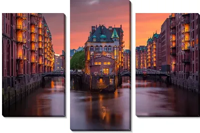 Модульная картина Каналы Гамбурга на закате
