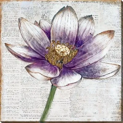 Картина маслом Лотос на фоне газеты