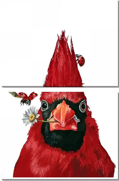 Модульная картина Красная птица с ромашкой и божьими коровками