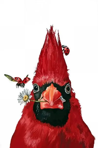 Плакат Красная птица с ромашкой и божьими коровками