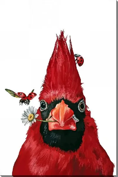 Постер Красная птица с ромашкой и божьими коровками