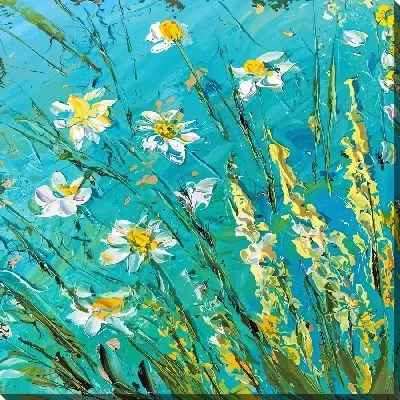 Картина маслом Полевые цветы с ромашками в технике мастихин