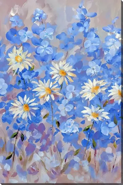 Картина маслом Ромашки и полевые голубые цветы