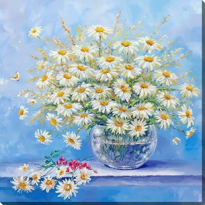 Картина маслом Букет ромашек на полке