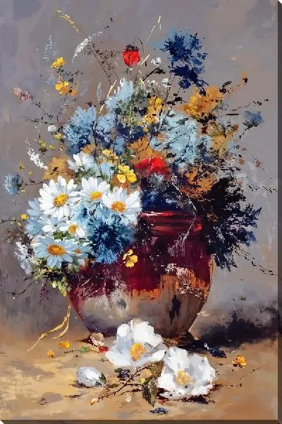 Картина маслом Сборный букет полевых цветом и ромашек