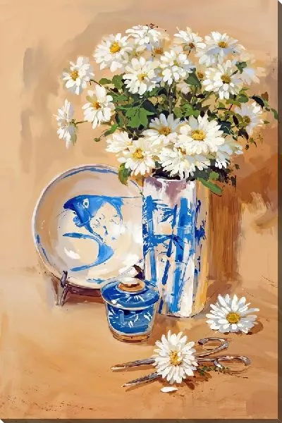 Картина маслом Ромашки и посуда