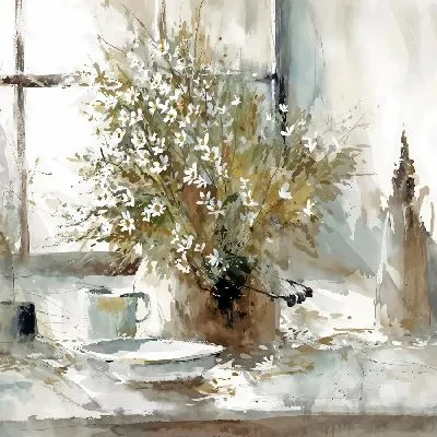 Плакат Букет ромашек на подоконнике