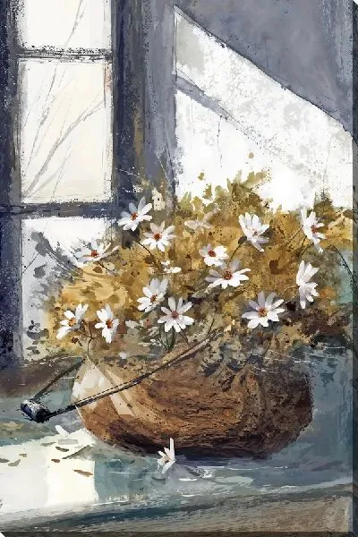 Картина маслом Ромашки в плетеном кашпо