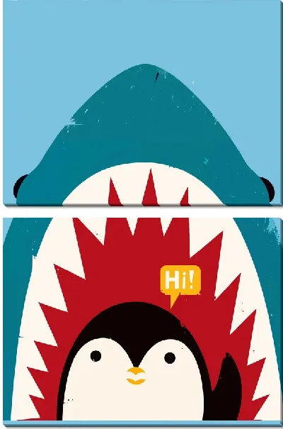 Модульная картина Акула с зубами и пингвин