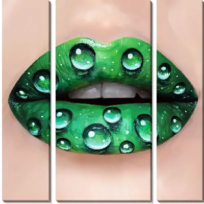 Модульная картина Капли воды на зеленых губах
