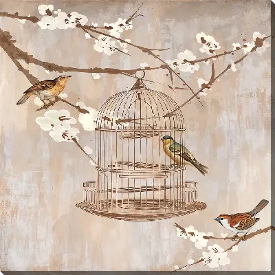 Картина маслом Клетка с птицами и сакура