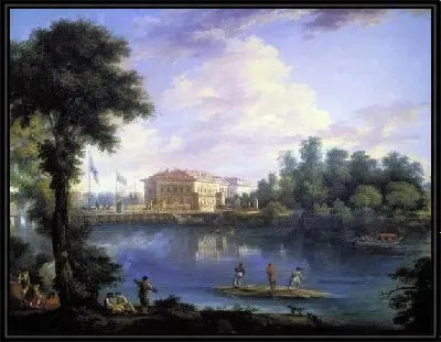 Картина Вид на Каменноостровский дворец и плашкоутный мост через Большую Невку со стороны Строгановской (View of the Palace and Stone Island bridge of boats through the Grand Nevka by Stroganov)