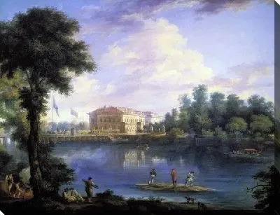 Картина Вид на Каменноостровский дворец и плашкоутный мост через Большую Невку со стороны Строгановской (View of the Palace and Stone Island bridge of boats through the Grand Nevka by Stroganov)