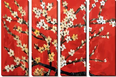 Модульная картина Сакура на красном фоне