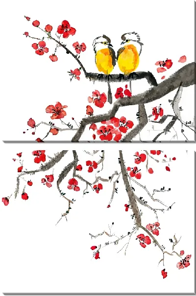 Модульная картина Две птицы на сакуре