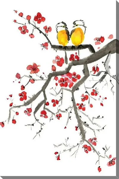 Постер Две птицы на сакуре