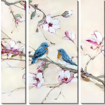 Модульная картина Птицы воркуют на ветке сакуры