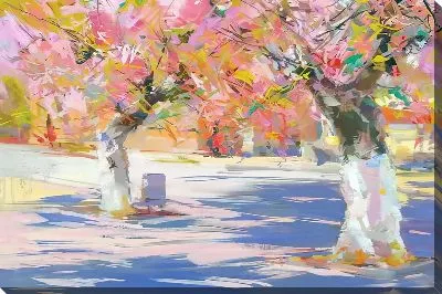 Картина маслом Два дерева сакуры в парке