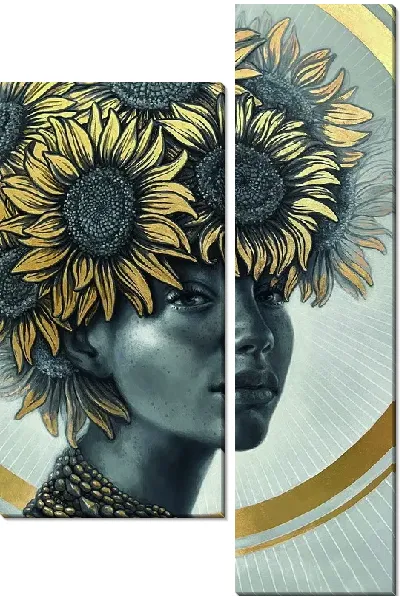 Модульная картина Девушка с золотыми подсолнухами на голове