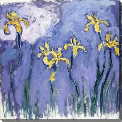 Картина маслом Желтые ирисы на голубом фоне