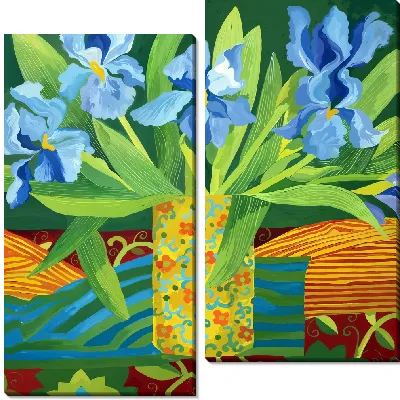 Модульная картина Букет с ирисами в расписной вазе