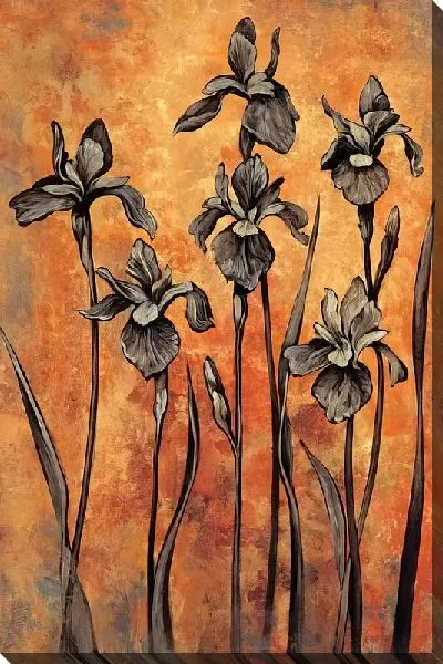 Картина маслом Черные ирисы на оранжевом фоне