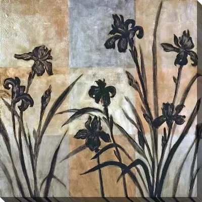 Картина маслом Черные ирисы на фоне с квадратами