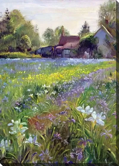 Картина маслом Поле с ирисами перед деревней