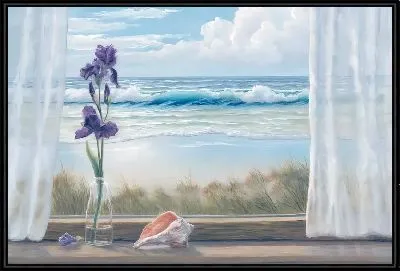 Ирис в вазе у окна и моря с волнами