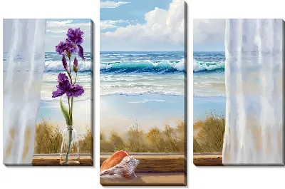 Ирис в вазе у окна и моря с волнами