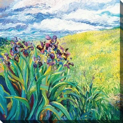 Картина маслом Ирисы и полевые цветы на холме