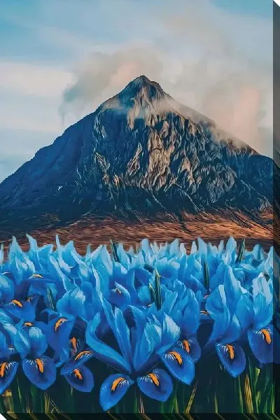 Картина маслом Голубые ирисы на фоне горы