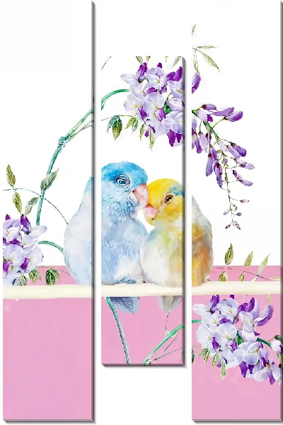 Модульная картина Волнистые попугайчики и ирисы