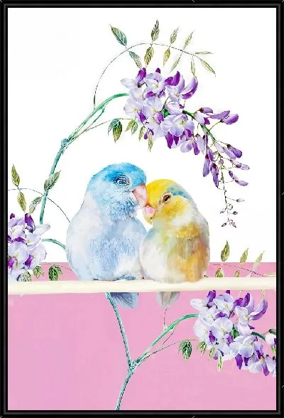 Картина Волнистые попугайчики и ирисы