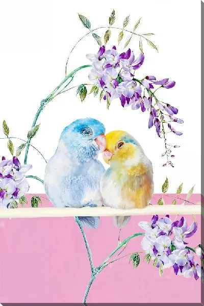 Картина маслом Волнистые попугайчики и ирисы