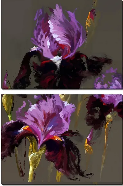 Модульная картина Ирисы на коричневом фоне