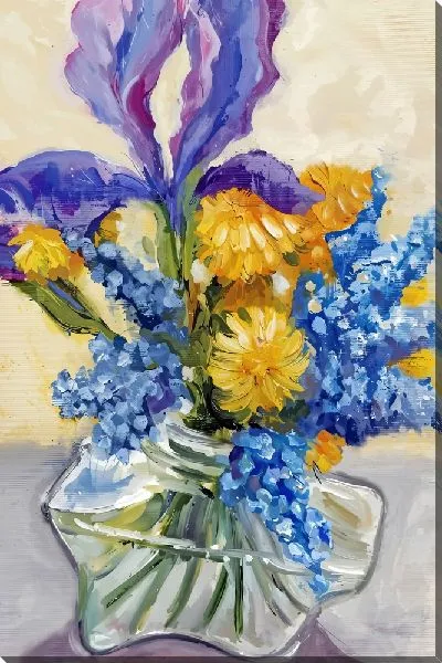 Картина маслом Букет с ирисами в стеклянной вазе