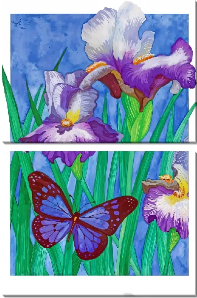 Модульная картина Ирисы и синяя бабочка
